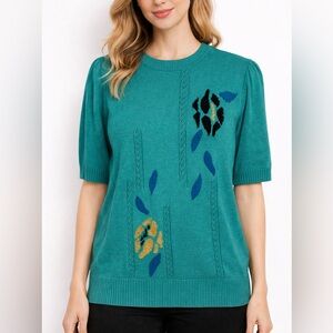 Vintage Freya Strickmoden Teal Knit Short Sleeve Sweater Germany Size 40 M Retro